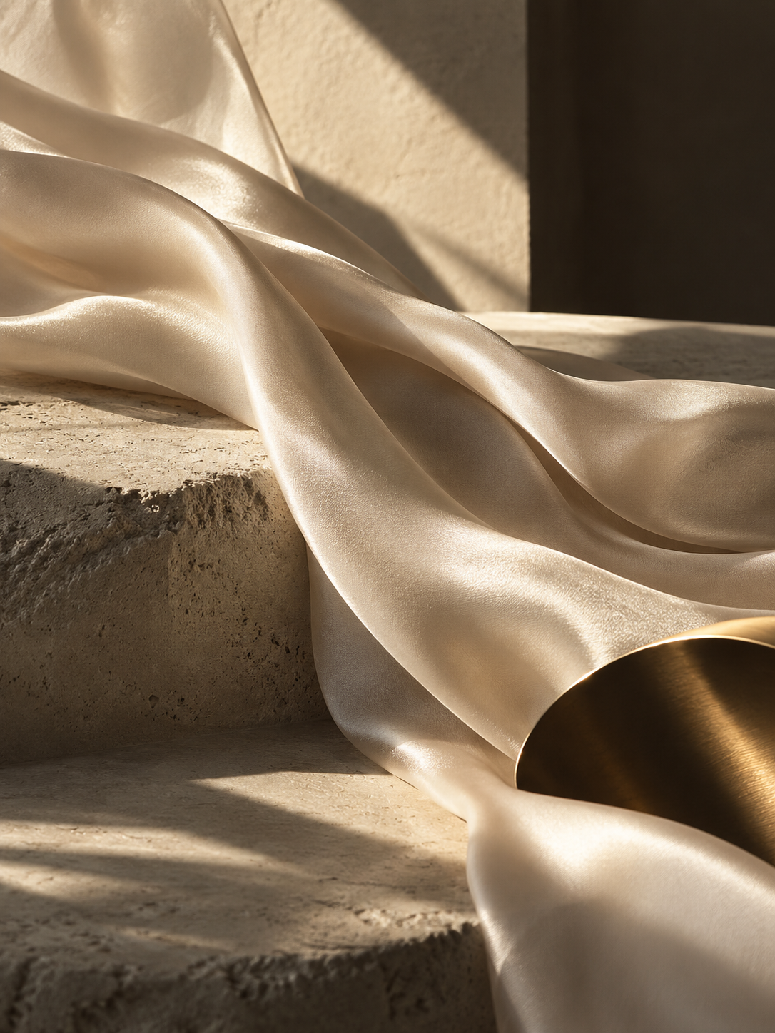 Ivory silk, sunlit stone and a sculptural gold accent.