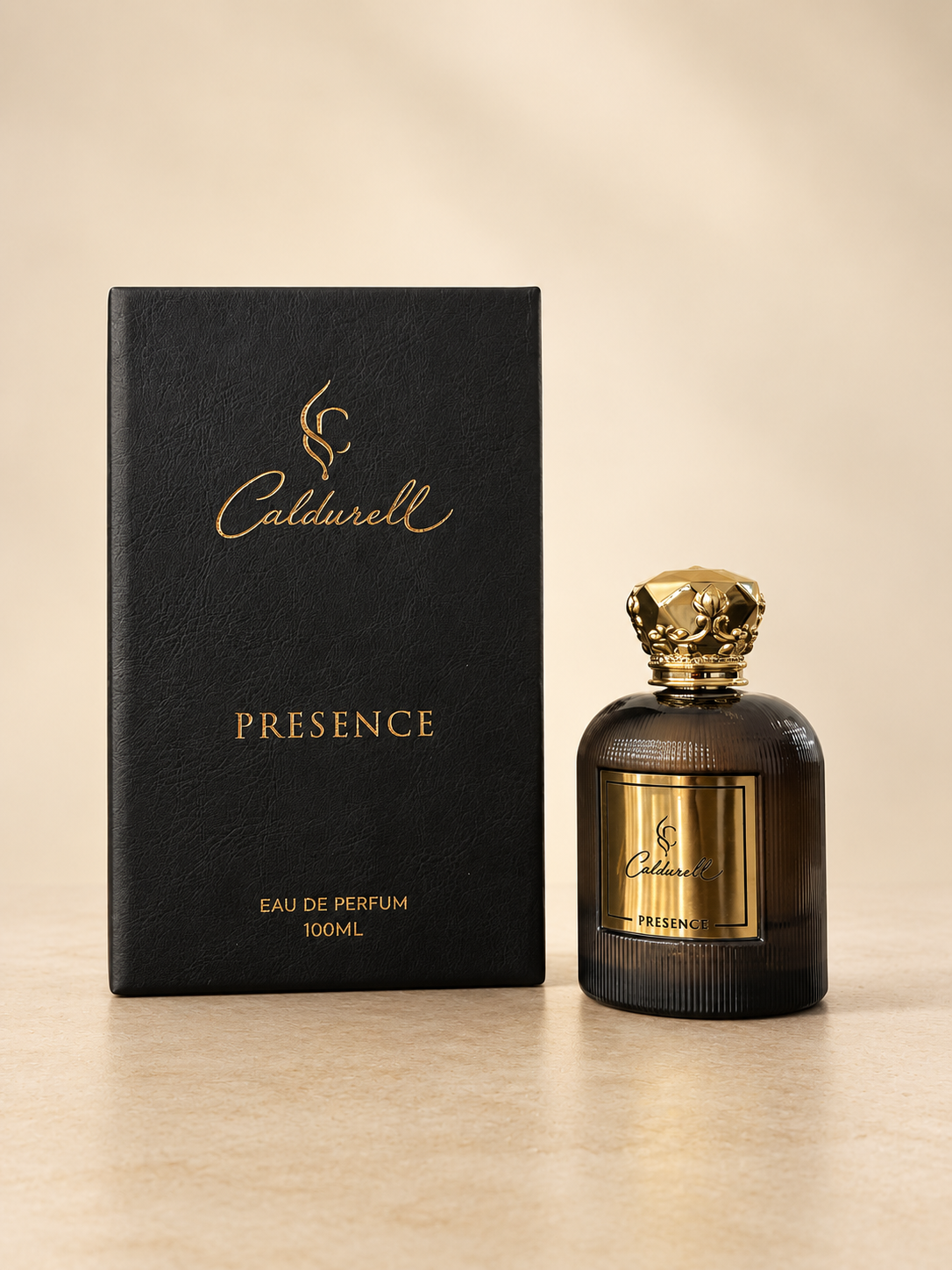Caldurell Presence Eau de Parfum 100 ml bottle and black-and-gold box against a warm ivory studio background.